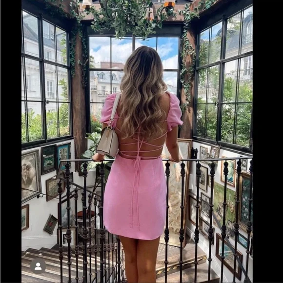Zara Dresses New Zara Pink Puff Sleeve Backless Lace Up